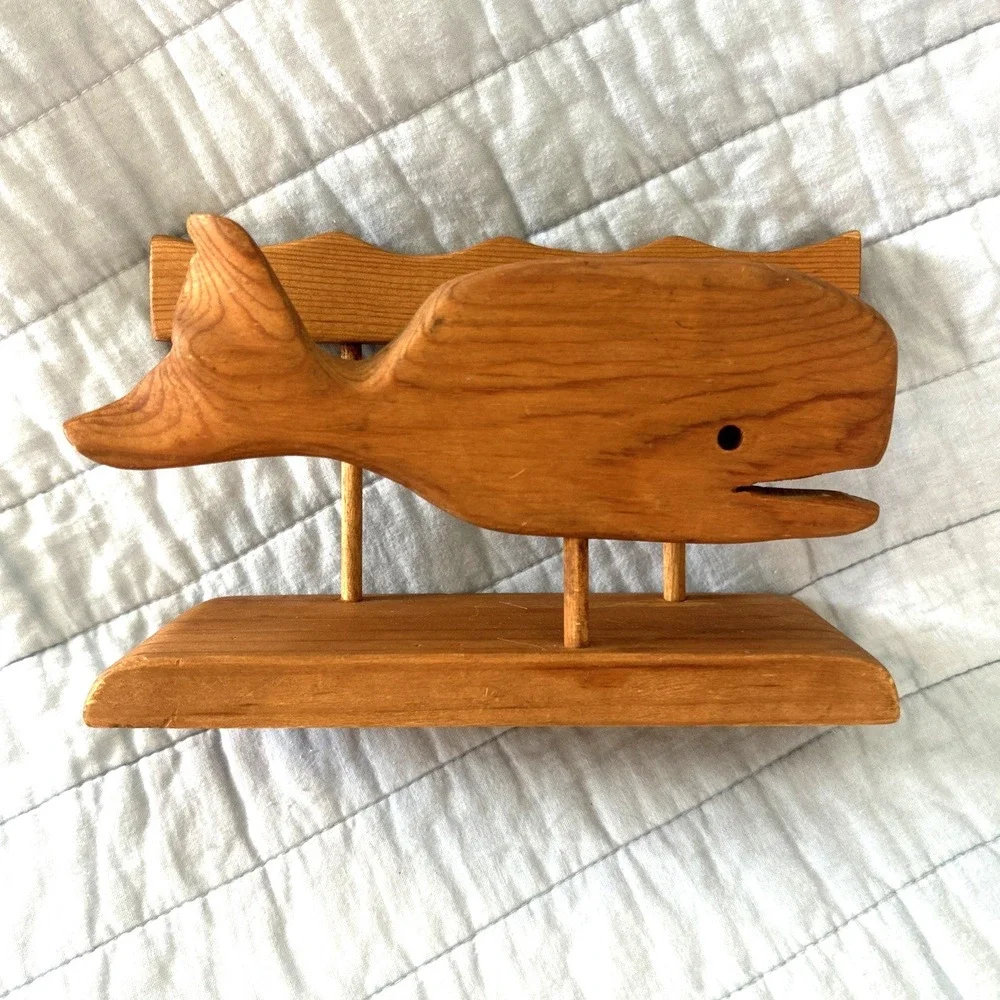 Vintage Handmade Wooden Napkin Holder Whale Signed by Maker